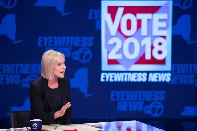 Sen. Kirsten Gillibrand during the New York State Senate debate with Republican candidate Chele Farley in New York today.
